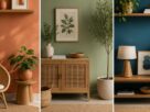 colagem de paredes coloridas — terracota, sage e azul-petróleo — com plantas e madeira natural