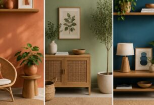 colagem de paredes coloridas — terracota, sage e azul-petróleo — com plantas e madeira natural