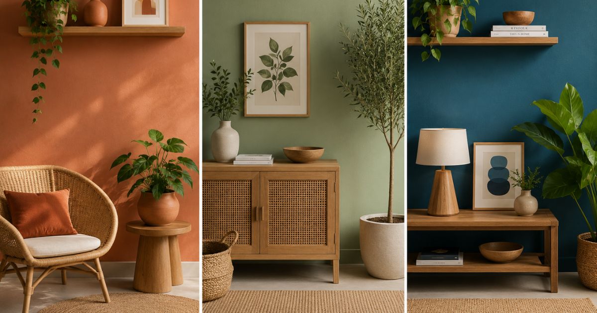 colagem de paredes coloridas — terracota, sage e azul-petróleo — com plantas e madeira natural